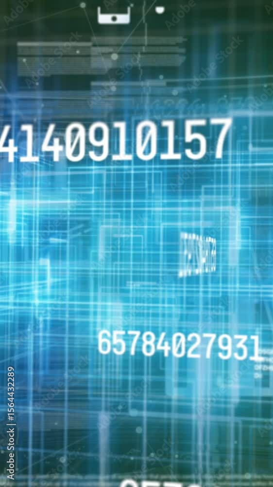 Poster animation of numbers changing and icons over glowing light trails