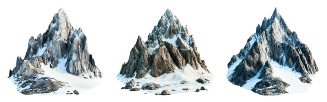 Collection of jagged mountain cliffs with snow and icy patches isolated on a white or transparent background