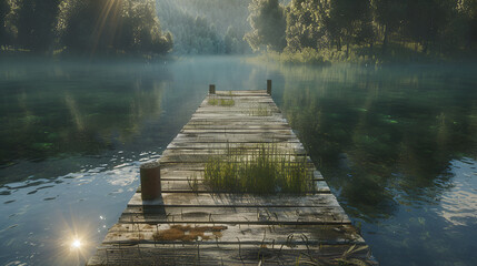 A weathered wooden dock extends into a serene lake surrounded by lush green trees and morning mist