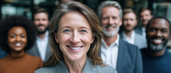 Smiling Woman Leading Diverse Team in Professional Office Environment with Happy Colleagues in Background