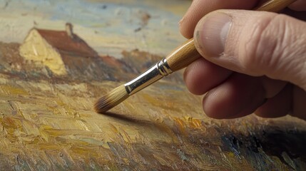 Close-up of an artist's hand painting a picturesque rural landscape on canvas
