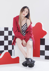 Fashionable photo confident woman model asian beautiful female wearing trendy checkered mini dress...