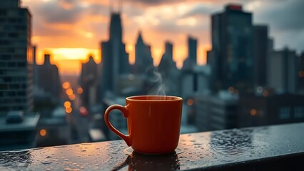 Steaming Coffee Mug on Balcony with Urban Cityscape at Sunrise