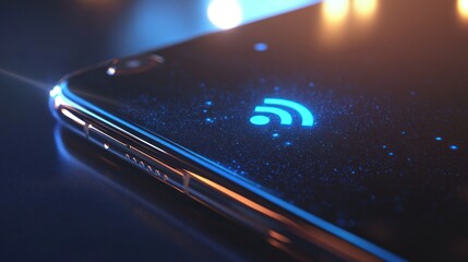 Sleek Smartphone Displaying Glowing Wi-Fi Connectivity Icon in the Dark