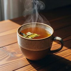 cup of coffee. cup of tea on wooden table. Warm herbal tea in speckled ceramic mug on wooden table.