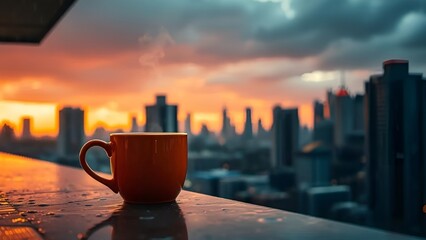 Coffee Cup on City Balcony at Sunrise with Urban Skyline View