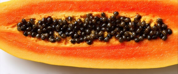 Closeup Texture of Vibrant Orange Papaya Half with Shiny Black Seeds on White Surface