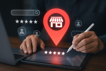 Fototapeta premium Digital business discovery and local search concept with a person using a tablet and stylus to explore customer reviews and ratings for nearby stores