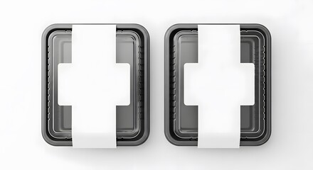 Fototapeta premium Blank Black Square Food Containers with Labels Packaging Mockup