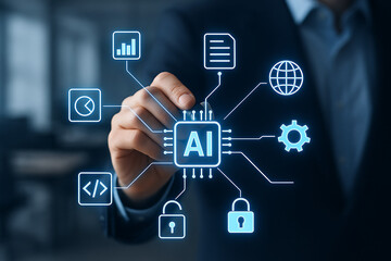 Man interacting with artificial intelligence interface for secure data management and global business operations showing concepts of cybersecurity and digital growth
