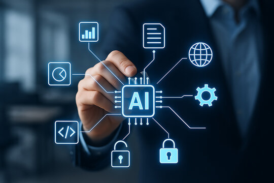 Man interacting with artificial intelligence interface for secure data management and global business operations showing concepts of cybersecurity and digital growth