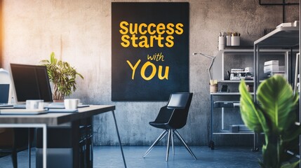 Modern Office with Motivational Poster, A Workplace Focused on Success