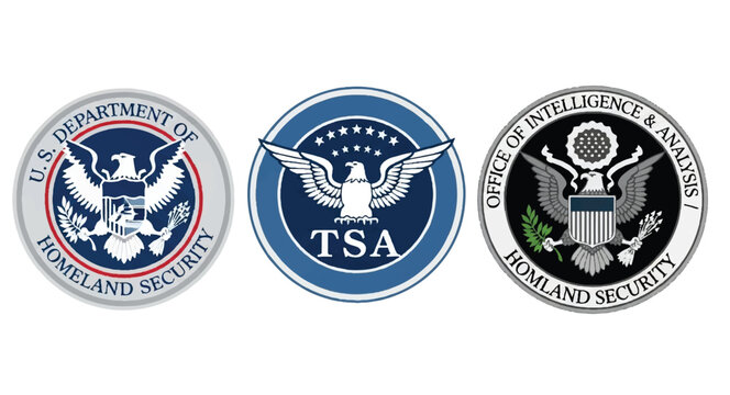 U.S. Department of Homeland Security, TSA, and Office of Intelligence and Analysis emblem logos on white background