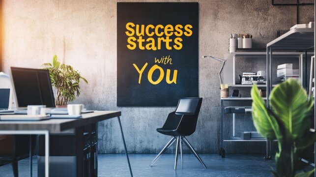 Modern Office with Motivational Poster, A Workplace Focused on Success - Powered by Adobe