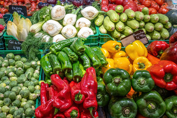Bell pepper, sprouts and other vegetables for sale at a market