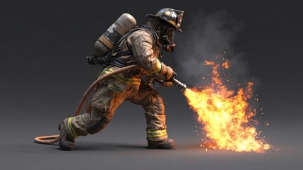 Fototapeta premium Professional Firefighter in Action Extinguishing Flames with Fire Hose and Protective Gear for Emergency Situations