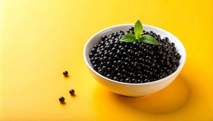 Fresh black olives and ripe blackberries are served in a healthy white bowl with a spoon, ready for a sweet summer dessert or raw ingredient