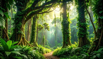 Golden sunlight rays pierce through the mist in a green forest path, highlighting the vibrant foliage and trees