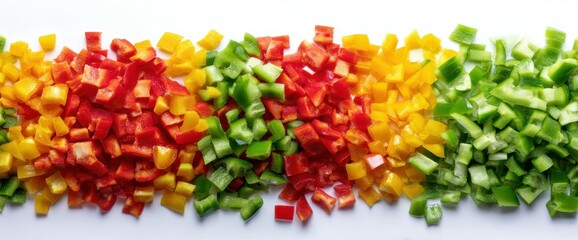 Diced red, yellow, and green bell peppers are arranged in color blocks on white
