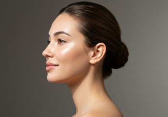 Profile view of a woman with glowing skin and dark hair in a low bun