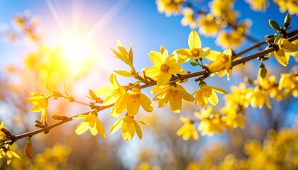 Yellow flowers blossom on tree branches against a blue sky, capturing the essence of spring nature