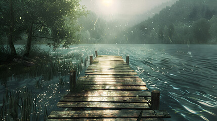 A serene view of a wooden dock extending into a calm lake surrounded by lush greenery and mountains