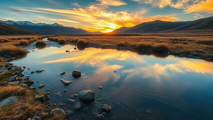 Fototapeta premium Serene mountain landscape with reflective river, golden grass, and vibrant sunset sky