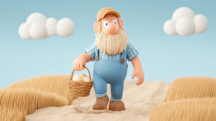 Playful Character in Overalls Carrying Basket of Eggs on Stylized Farm Background with Clouds and Wheat Field