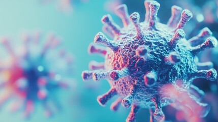 Detailed microscopic view of a coronavirus, highlighting its structure and impact