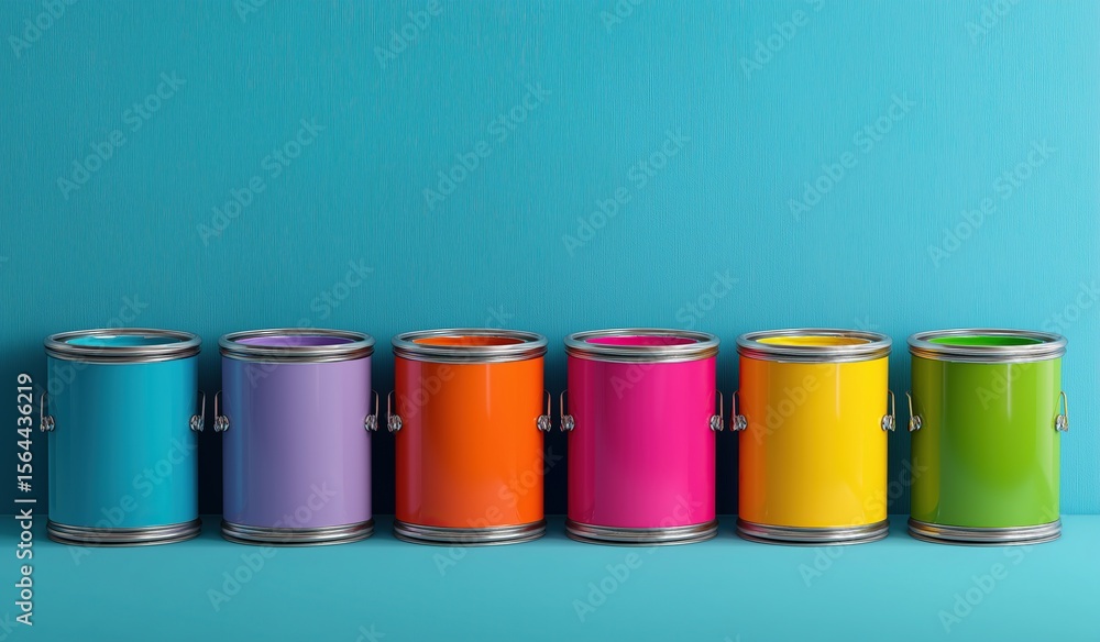 Poster a modern 3d rendering of colorful paint cans arranged in a row on a blue background, showcasing a vi