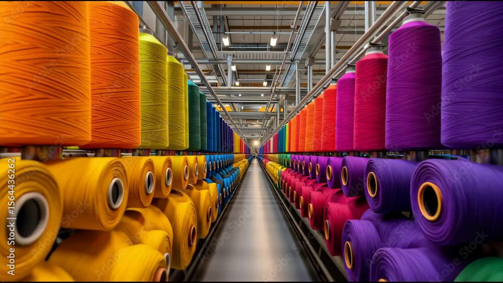 Poster colorful spools of thread in textile factory displaying vibrant colors in a warehouse setting