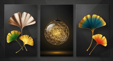 Ginkgo leaves art wall decor abstract golden sphere painting modern home decoration artwork design