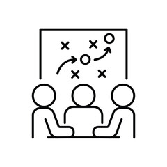 A joint effort to choose a strategy to get to a goal, linear icon. People at the table choosing and making a strategic decision. Discussion and collective decision. Line with editable stroke