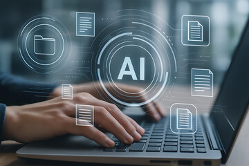 AI-powered digital workflows with hands typing on a laptop, surrounded by document and folder icons, representing intelligent automation and streamlined business processes