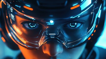 Close-up portrait of a futuristic woman wearing advanced augmented reality headset