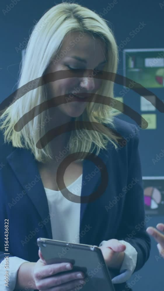 Poster animation of wifi icon and data processing over diverse business people in office