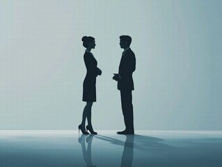 Fototapeta premium Business meeting negotiation scene: Professional woman and man discussing contract terms at modern office table, panoramic banner format with placeholder text