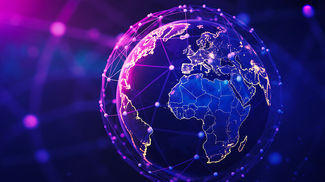 Digital glowing globe with global network connections and futuristic purple blue technology background

