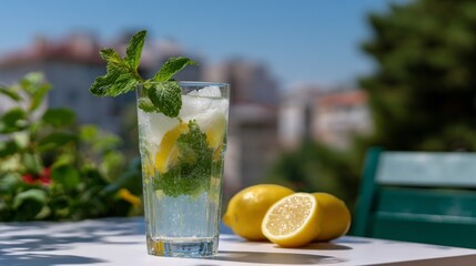 Fototapeta premium Refreshing lemon mint soda on a sunny patio