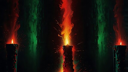Fiery candles with dripping wax fire flames