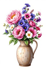 create a hand drawn illustration featuring a bouquet of pink peonies, purple pansies, and white petunias arranged in a rustic ceramic vase