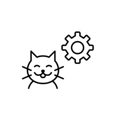 Happy cat and cogwheel. Pet care settings, animal health monitoring, smart pet device configuration, automated feeding control, pet activity tracking. Pixel perfect, editable stroke vector icon