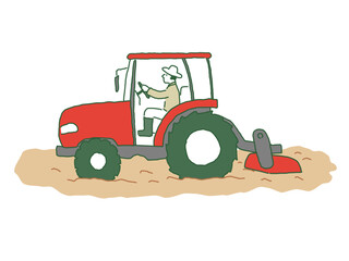 トラクターで田おこしをする米農家　ベクターイラスト
