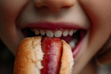 A child happily nibbling on a hot dog , Processed Food concept , generative AI