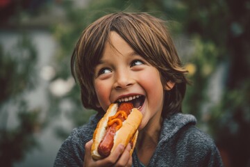 A child happily nibbling on a hot dog , Processed Food concept , generative AI