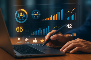 Digital analytics visualization showcasing a laptop with various data charts, graphs, and interactive elements, representing marketing insights, financial performance, and business intelligence