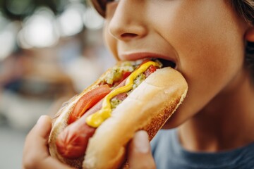 A child happily nibbling on a hot dog , Processed Food concept , generative AI