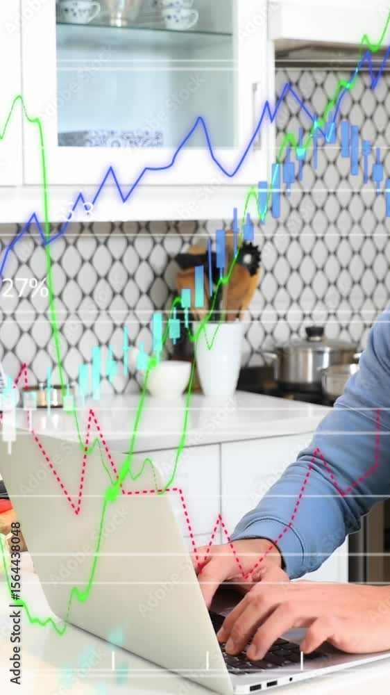 Poster animation of financial data processing over caucasian man using laptop