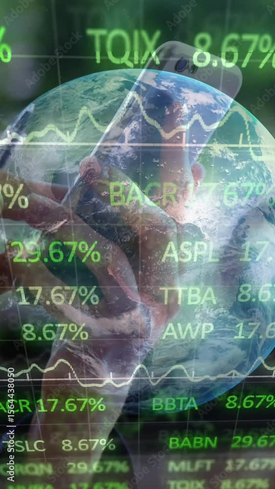 Poster animation of financial data processing and globe over caucasian woman using smartphone