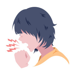 Faceless woman with short black hair and yellow shirt coughing, sneeze, shout, argue, angry, or other expression colorful illustration isolated on square white background.